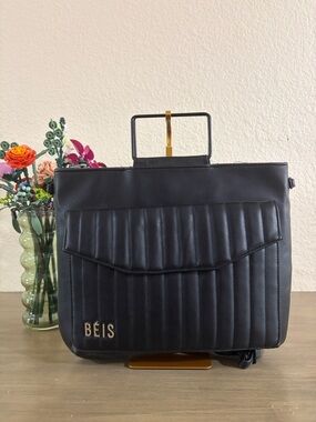 BEIS Black Faux Leather Convertible Laptop Sleeve The Messenger Backpack Bag